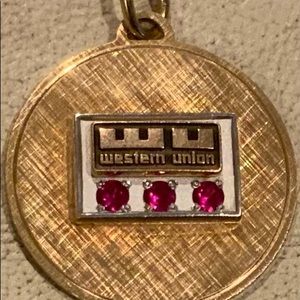 Vintage 1970s Western Union WU Gold Pendant Three Pink Amethyst Stones Jewelry